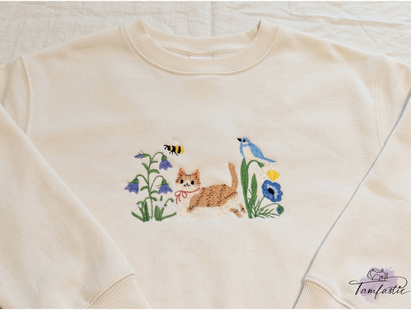 Cat Jumper, Spring Cat, wildflower meadow, Embroidered sweatshirt, cat lover gift, cute cat sweater