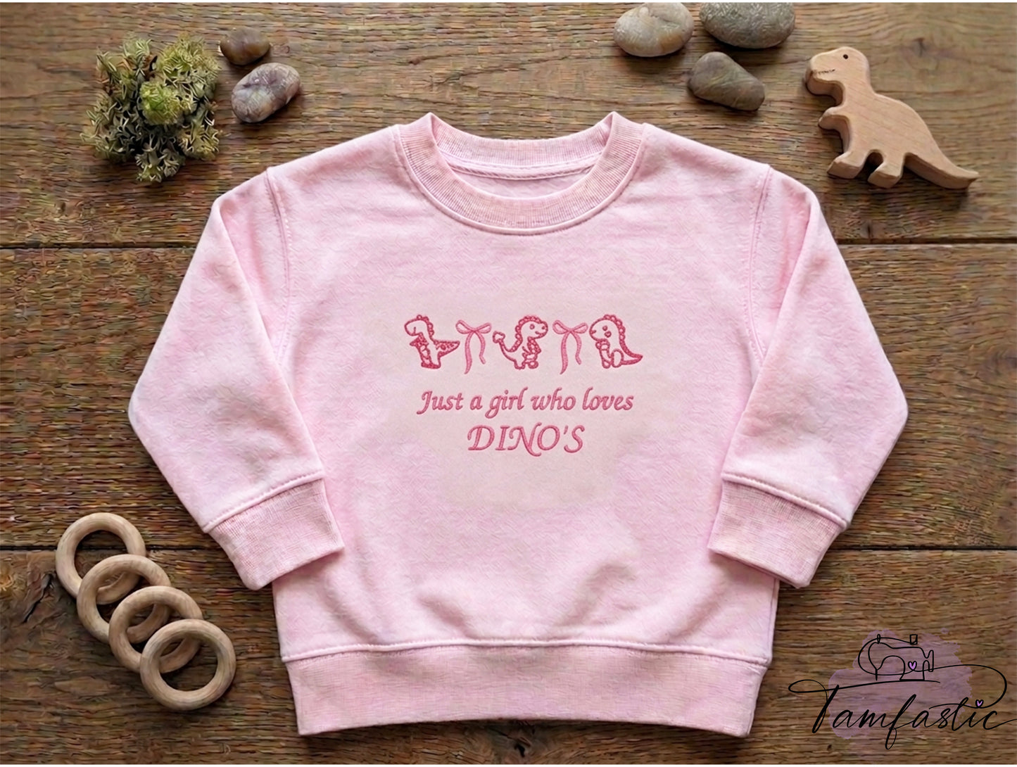 Embroidered Girls Dinosaur Sweatshirt, Just a Girl Who Loves Dinos Sweatshirt, Pink T-Rex Pullover, Coquette Bow Dino Kids Jumper