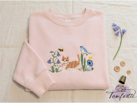 Cat Jumper, Spring Cat, wildflower meadow, Embroidered sweatshirt, cat lover gift, cute cat sweater