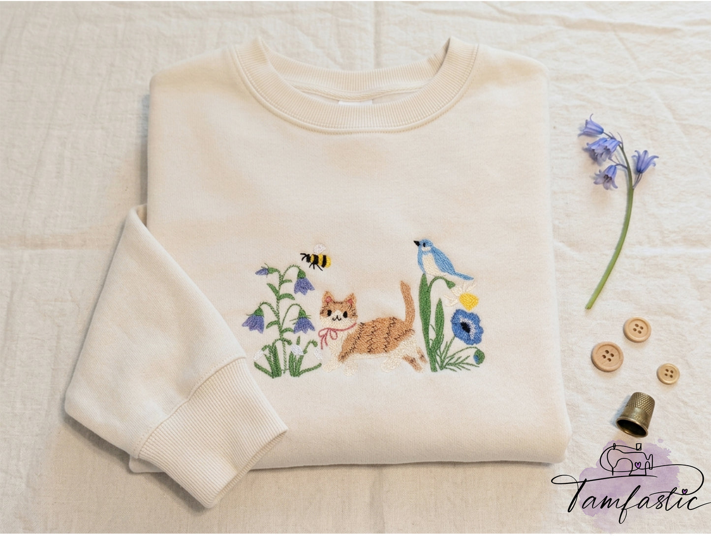 Cat Jumper, Spring Cat, wildflower meadow, Embroidered sweatshirt, cat lover gift, cute cat sweater