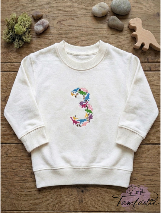 Dinosaur Sweatshirt with Embroidered Number, Dino Jumper, Three-Rex Birthday Top, Toddler Dino Birthday Gift, Kids Birthday Outfit