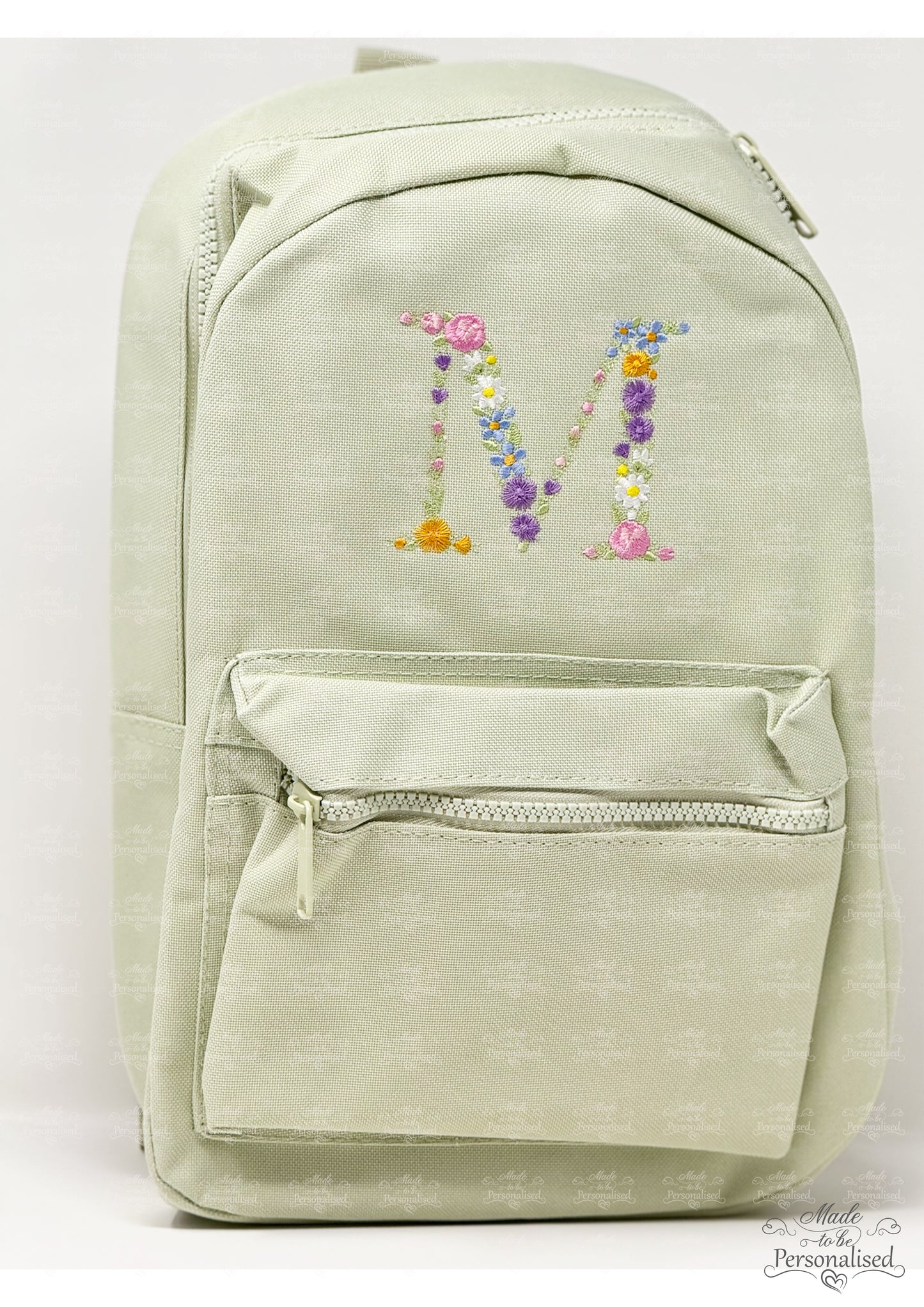 Personalized Floral Initial Mini Backpack - Custom Embroidered Sage Green Children's Bag - Toddler Pre-school Rucksack - Starting Nursery
