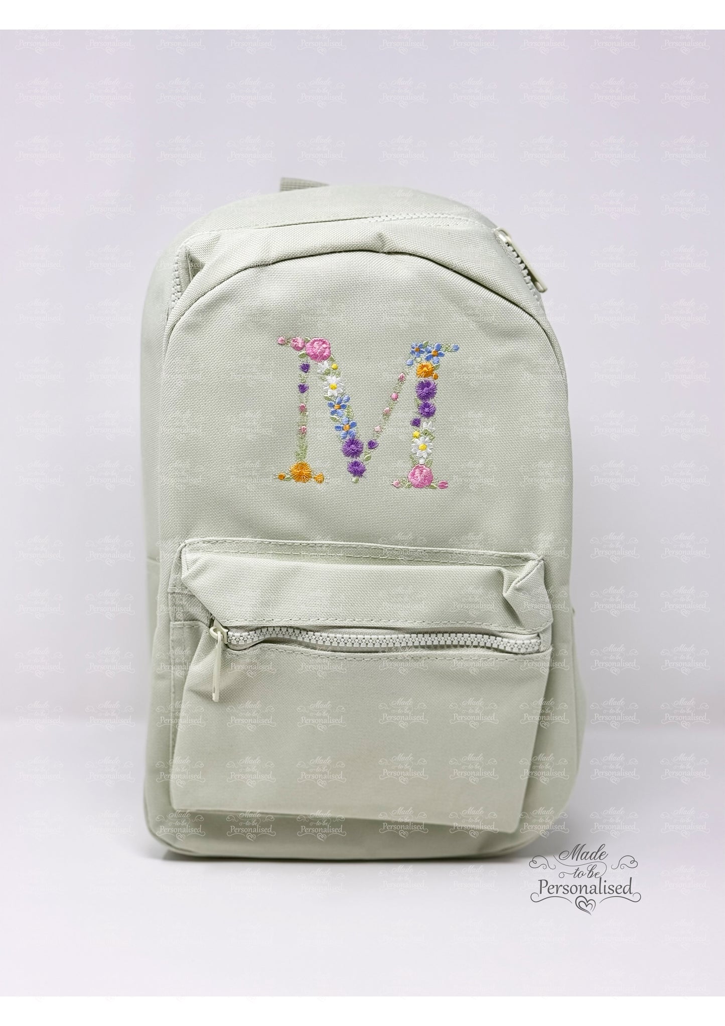 Personalized Floral Initial Mini Backpack - Custom Embroidered Sage Green Children's Bag - Toddler Pre-school Rucksack - Starting Nursery