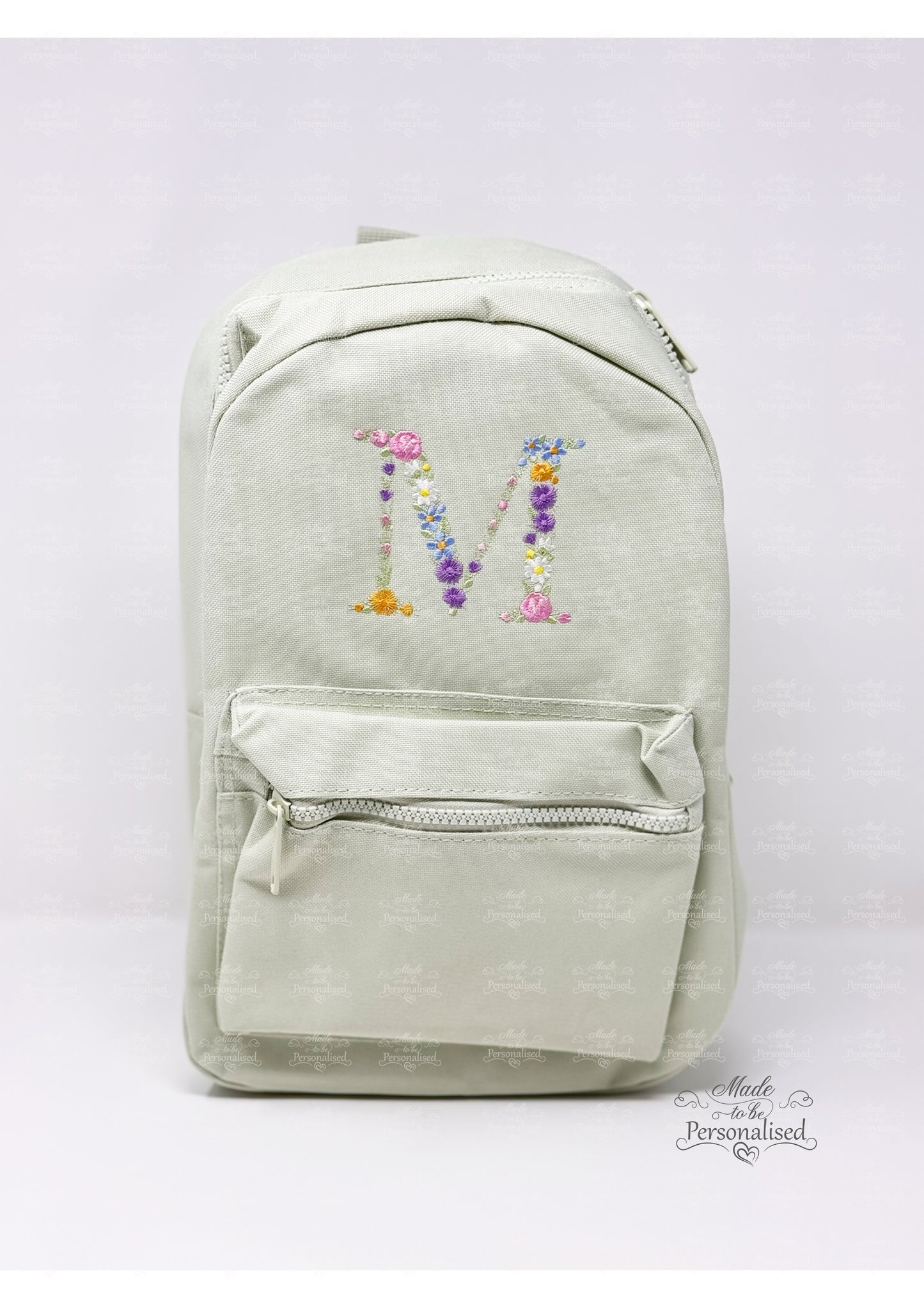 Personalized Floral Initial Mini Backpack - Custom Embroidered Sage Green Children's Bag - Toddler Pre-school Rucksack - Starting Nursery