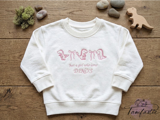 Embroidered Girls Dinosaur Sweatshirt, Just a Girl Who Loves Dinos Sweatshirt, Pink T-Rex Pullover, Coquette Bow Dino Kids Jumper