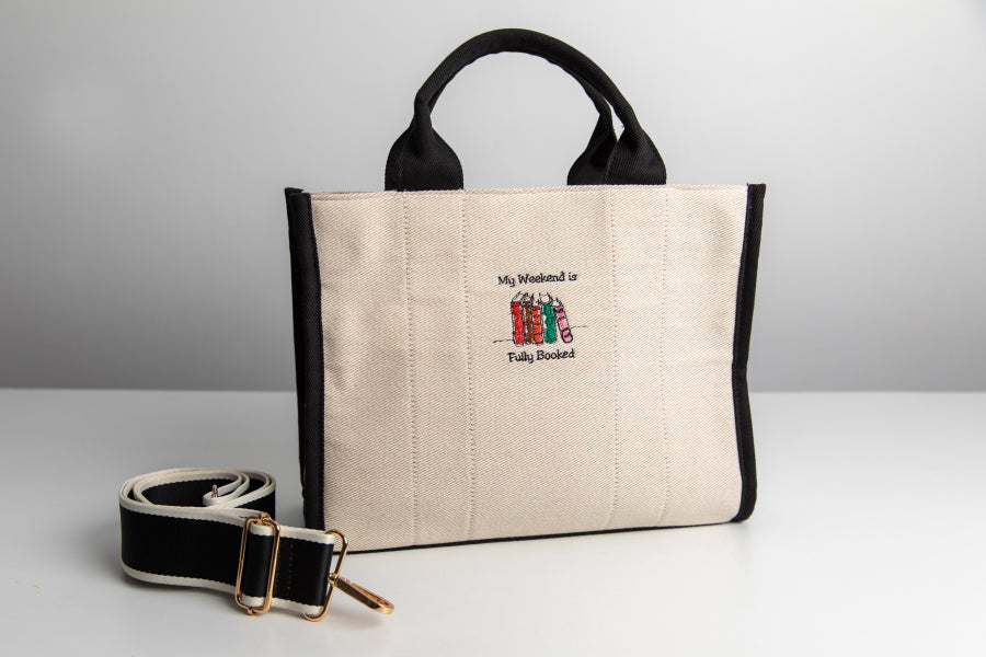 My weekend is fully booked tote bag, embroidered book bag, bookish bag, work bag, cute reading tote bag, gifts for book lover, book club bag
