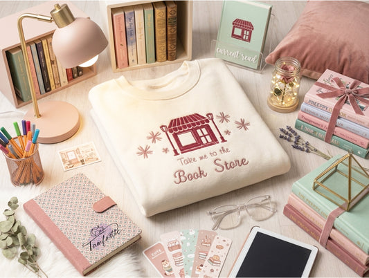 Take Me To The Book Store Sweatshirt, Embroidered Bookish Jumper, Gift for Book Lovers, Cozy Reading Crewneck