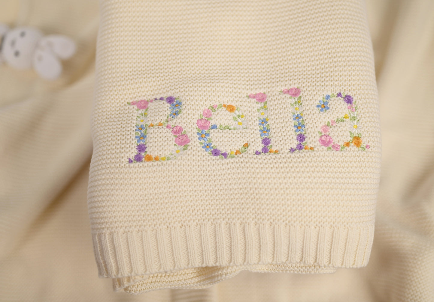 Embroidered Floral Alphabet Knitted Baby Blanket