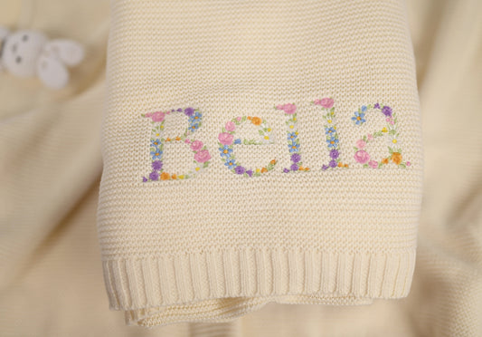 Embroidered Floral Alphabet Knitted Baby Blanket
