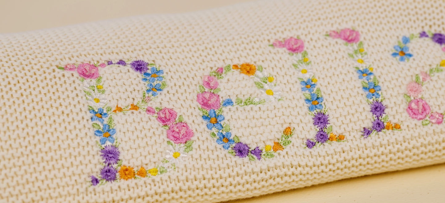 Embroidered Floral Alphabet Knitted Baby Blanket