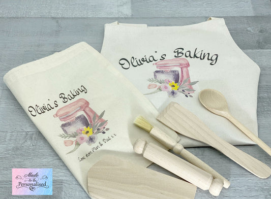 Child's Apron & Baking set, pink mixer