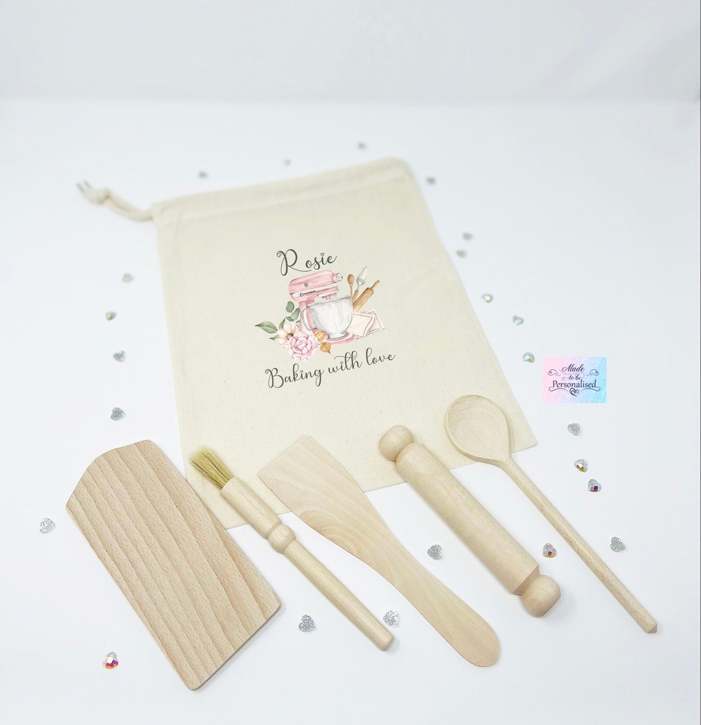 Children's baking set, with wooden utensils, light pink mixer design, baking gift set