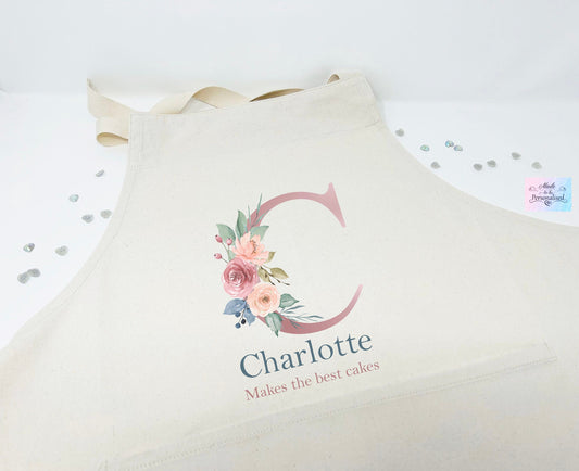 Personalised floral initial apron, Baking gift, Mothers day gift, Birthday gift, Baking apron, Cooking gift, gift for her, Anniversary gift