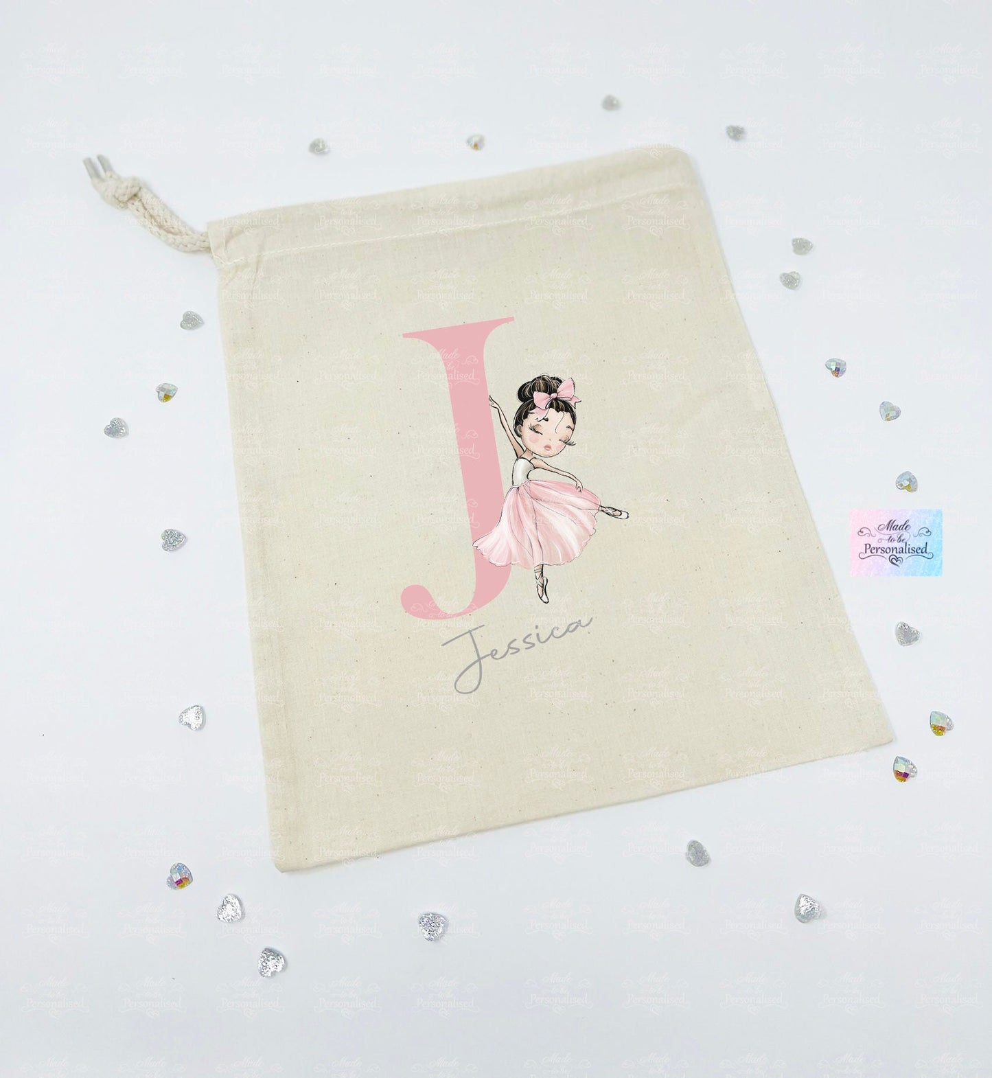 Personalised drawstring bag, Ballet initial, character bag, ballet shoe bag, dance shoes bag, birthday gift, ballerina gift