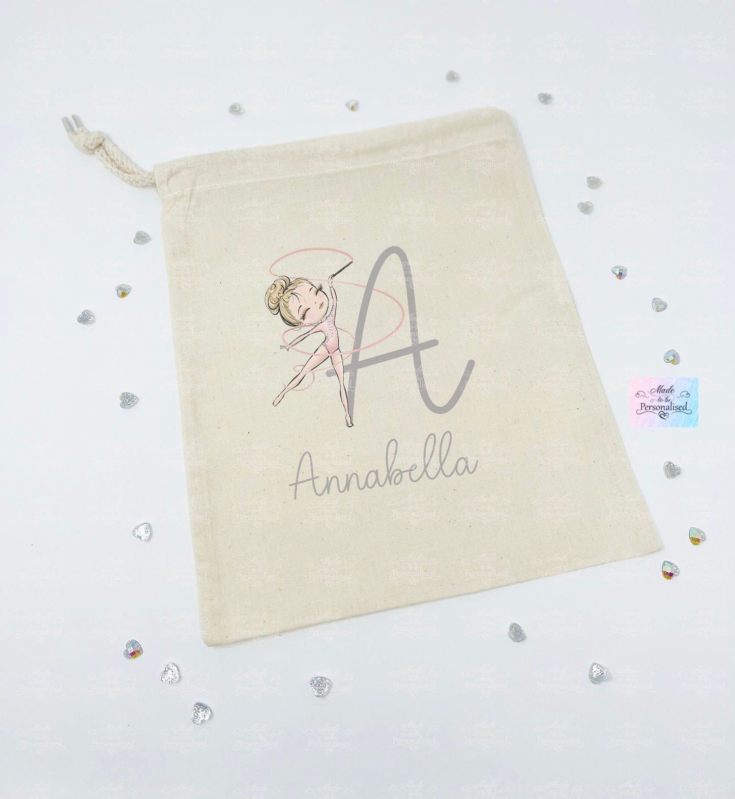 Personalised drawstring bag, Gymnastic initial, character bag, Gymnastics shoe bag, dance shoes bag, birthday gift,
