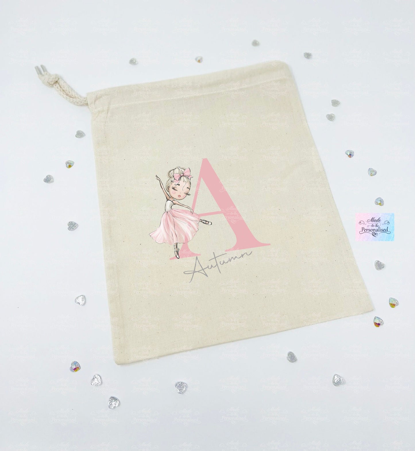 Personalised drawstring bag, Ballet initial, character bag, ballet shoe bag, dance shoes bag, birthday gift, ballerina gift