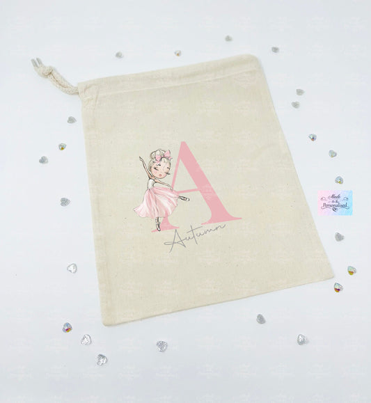 Personalised drawstring bag, Ballet initial, character bag, ballet shoe bag, dance shoes bag, birthday gift, ballerina gift