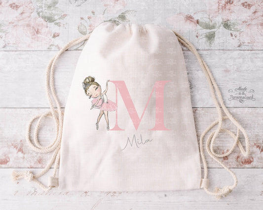 Personalised dance bag, ballet bag for girls, ballerina pump bag, gym, gymnastics, cotton drawstring bag, school PE bag, Initial bag