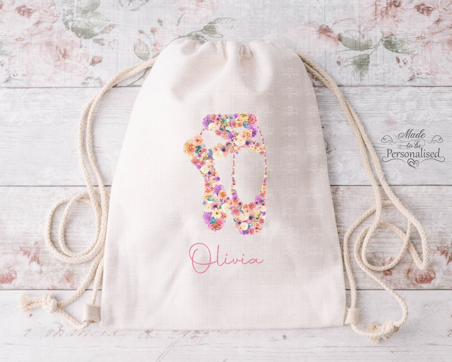 Personalised dance bag, ballet bag for girls, ballerina pump bag, gym, gymnastics, floral dance shoes, cotton drawstring bag, school PE bag