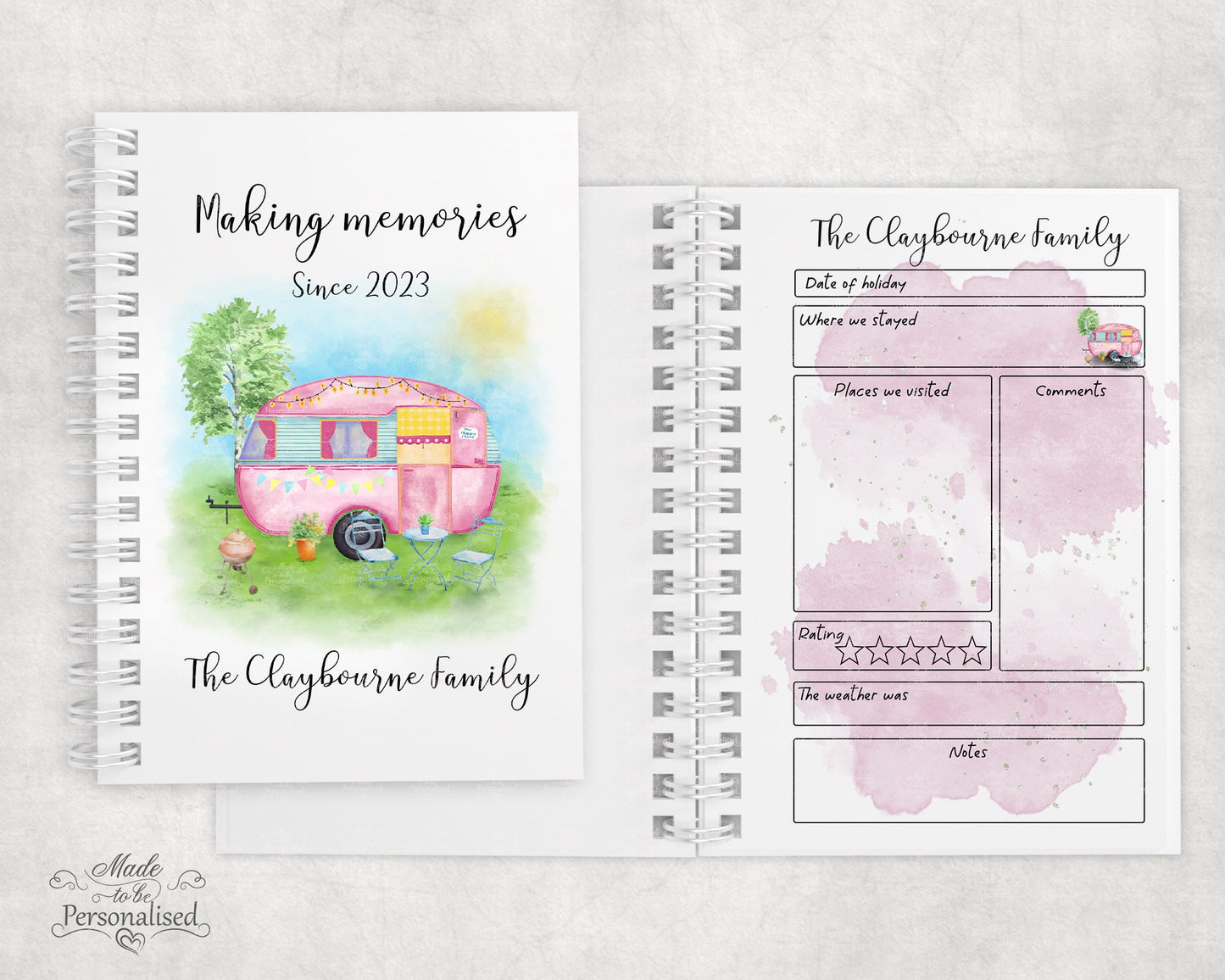 Personalised holiday notebook, Touring caravan journal, holiday diary, making memories, gifts for Birthday, Retirement gift, Christmas gift.