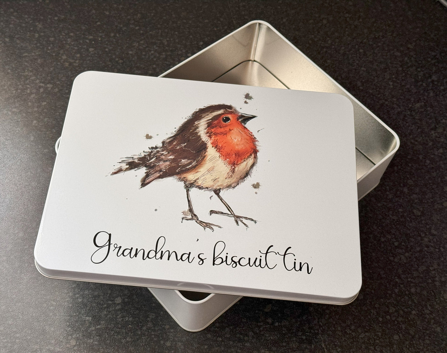 Personalised biscuit tin, Robin treat tin, baking box, gift for Grandma, Christmas gift for Grandad biscuits, Birthday gift, cake tin