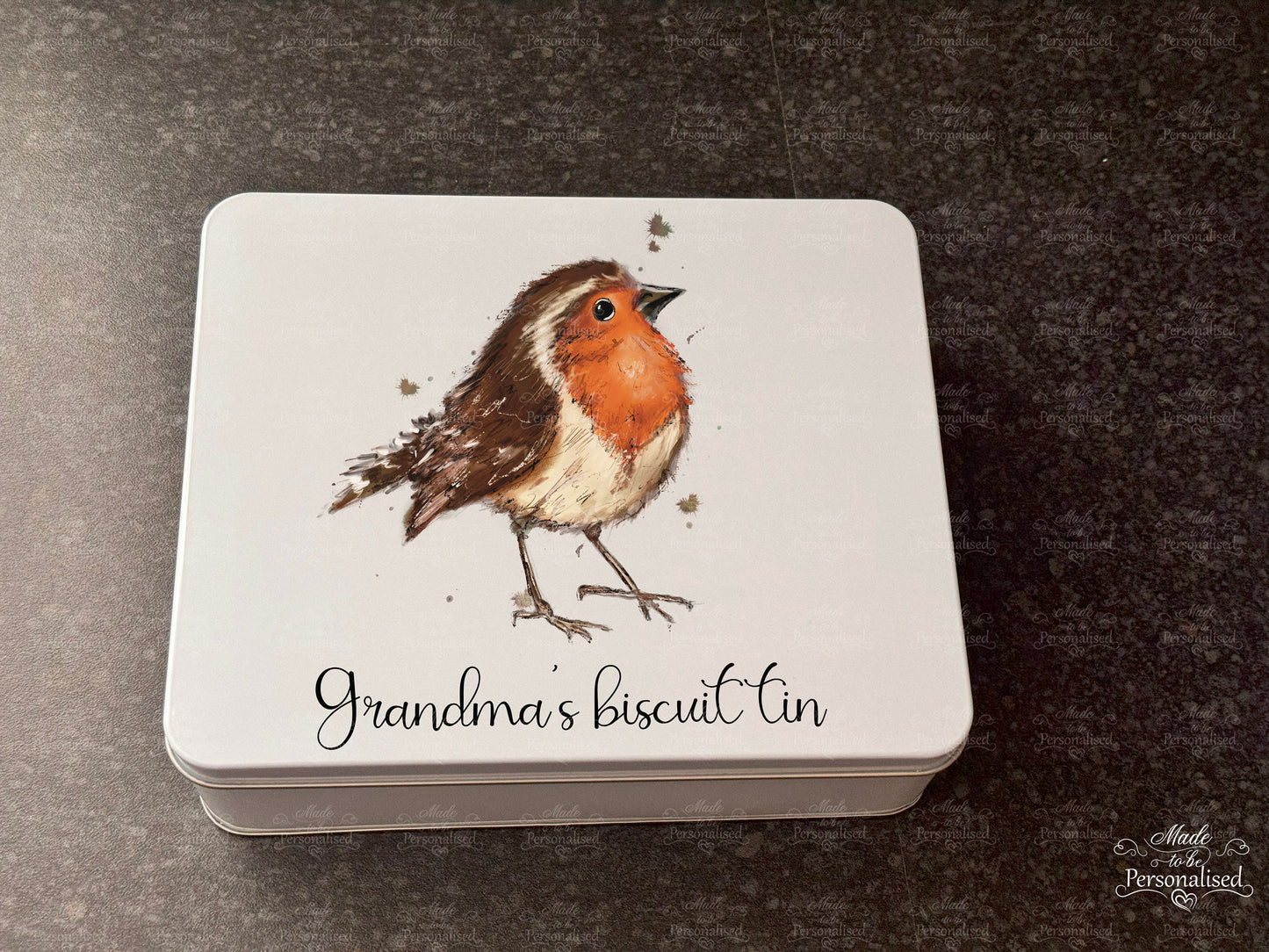 Personalised biscuit tin, Robin treat tin, baking box, gift for Grandma, Christmas gift for Grandad biscuits, Birthday gift, cake tin